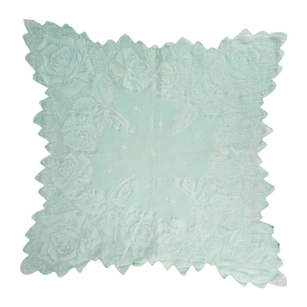 Vintage Mint Green Sheer Transparent Roses Floral Handkerchiefs, Scalloped Edge